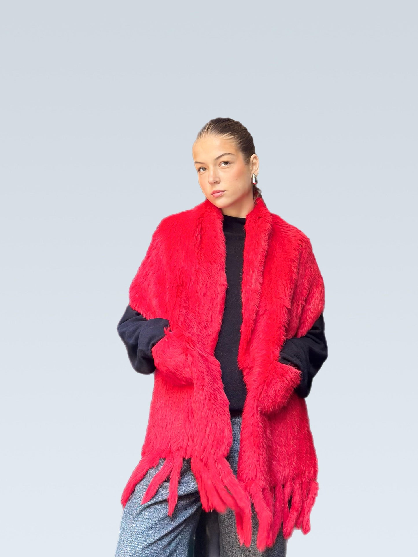 Chal rojo (sirve como cuello, estola y bufanda) de piel lapin