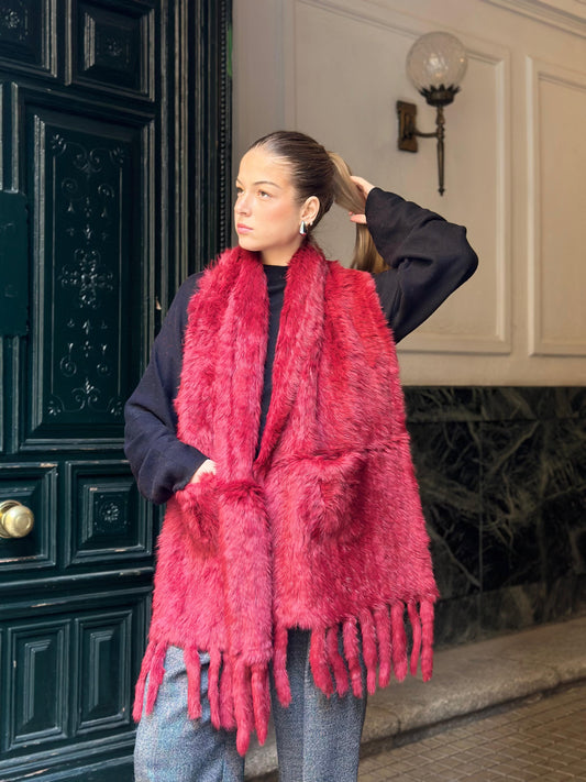 Red shawl (serves as a collar, stole and scarf) lapin fur