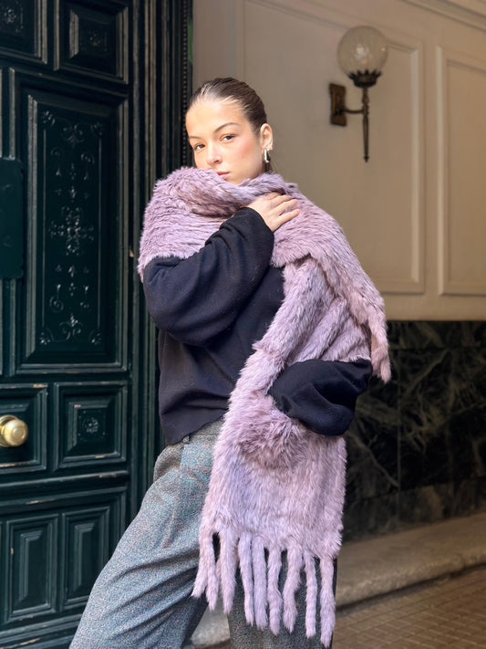 Mauve shawl (serves as a collar, stole and scarf) made of lapin fur