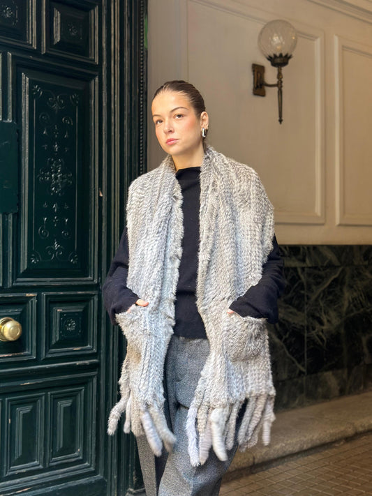 Grey shawl (serves as a collar, stole and scarf) made of lapin fur