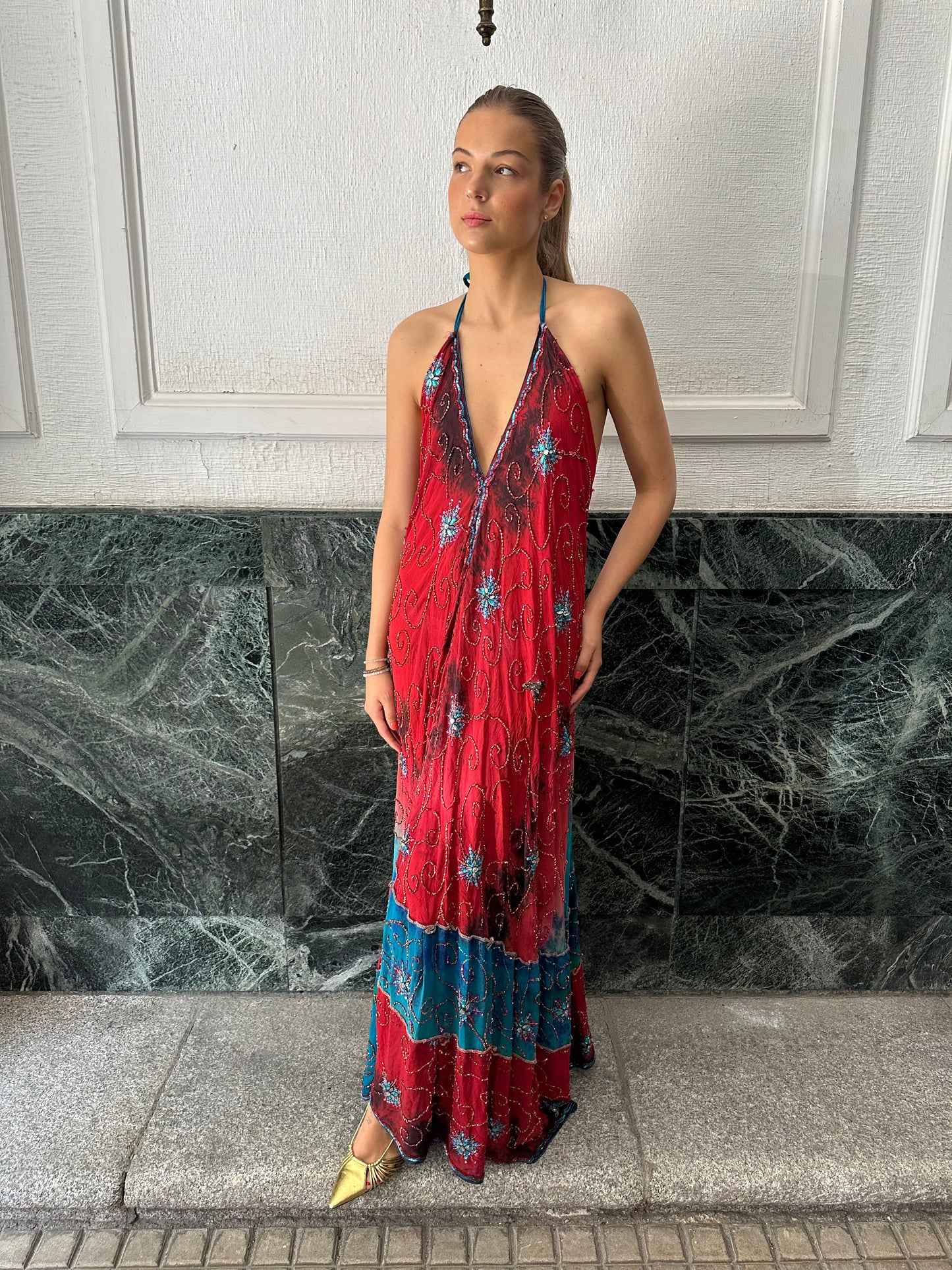 Vestido joya rojo y azul 606